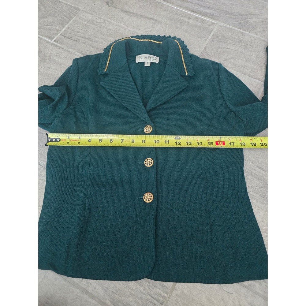 St. John Forest Emerald‎ Green Textured Knit Blazer Gold Size 8 Vintage - Picture 3 of 6